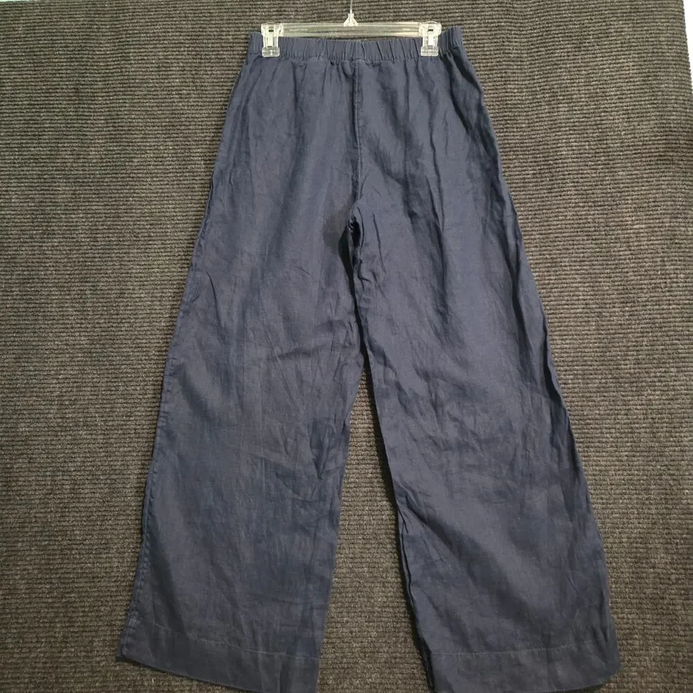 HM Womens Navy Blue 100% Linen Wide Leg Elastic Waist Cropped Pants Size Small S